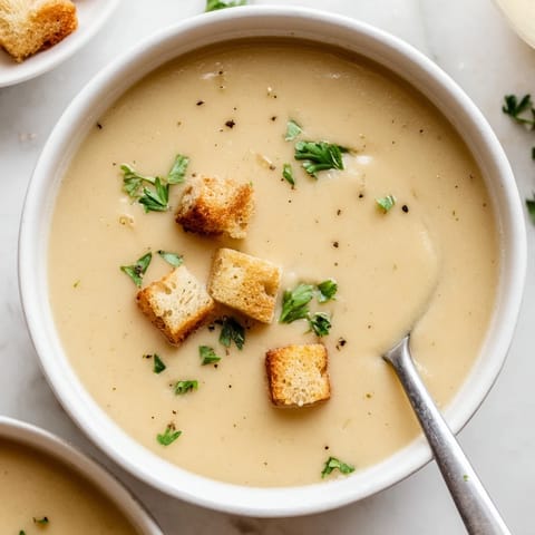 A close-up view of creamy Roasted Garlic Soup garnished with fresh parsley and served in a rustic white bowl.