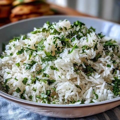 Fluffy cilantro lime rice, bright and zesty, served with vibrant fresh herbs.