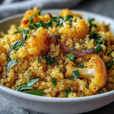 Steaming skillet of Turmeric Cauliflower Rice features riced cauliflower florets coated in golden turmeric and aromatic seasonings, ready to pair with grilled meats or curries.