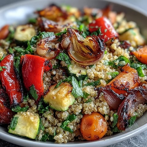 A vibrant, aromatic quinoa vegetable pilaf showcasing tender roasted vegetables, ready to serve.