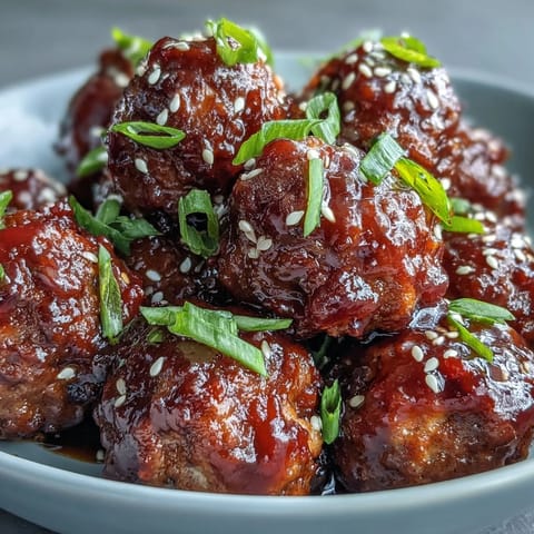 A bowl of Easy Sweet and Sour Crock Pot Meatballs with glossy, sticky sauce, sesame seeds, and sliced green onions for garnish.
