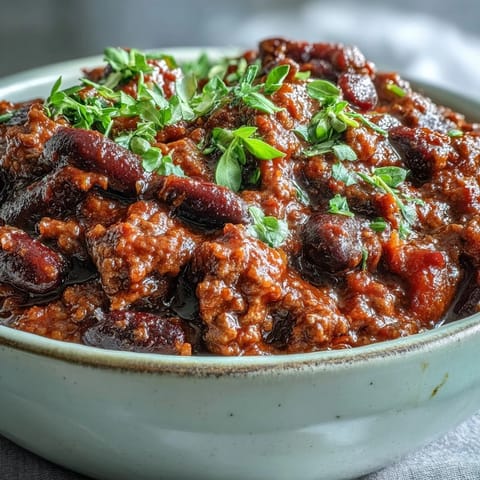 Slow Cooker Chili simmers with ground beef, beans, and tomatoes, bubbling in the crockpot with a rich, spicy aroma.