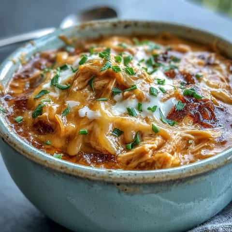 Hearty bowl of Crock Pot Buffalo Chicken Dip Soup with shredded chicken and melty cheddar, ready to serve.