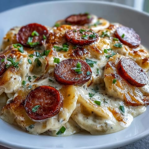Slow cooker Crockpot Pierogi Casserole With Kielbasa bubbling with creamy cheese sauce, ready to serve.