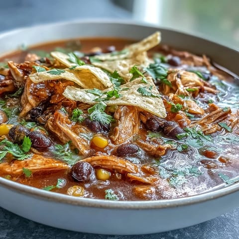 Instant Pot Chicken Tortilla Soup steaming in a white bowl with avocado, cilantro, and tortilla strips.
