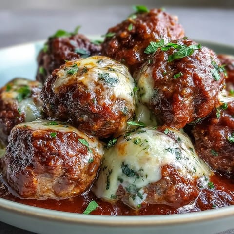 Freshly cooked Cheesy, Garlicky Meatballs With Marinara simmering in a rich red sauce, garnished with bright green basil leaves.