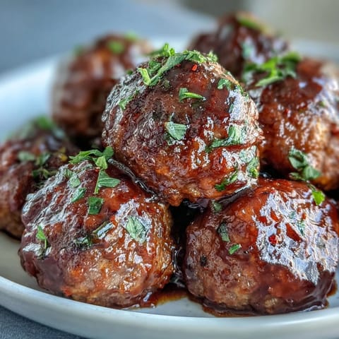 Tender Slow Cooker Peach Glazed Meatballs glisten in the slow cooker, coated in a chunky, sweet peach and chili sauce glaze for an easy party appetizer.