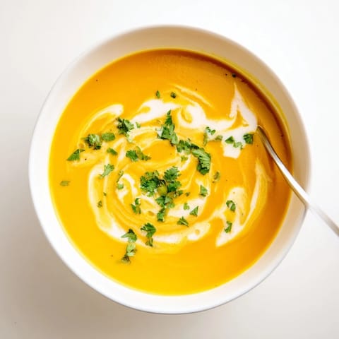 A vibrant orange bowl of Carrot Ginger Soup garnished with fresh parsley and a swirl of coconut cream.  