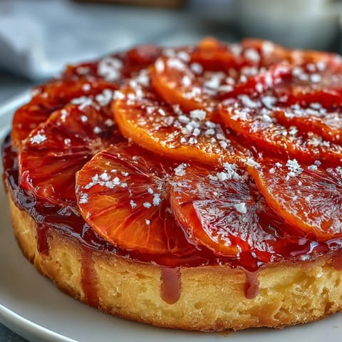 Six individual Blood Orange Tarts arranged on a white platter, garnished with fresh mint for a bright French dessert presentation.