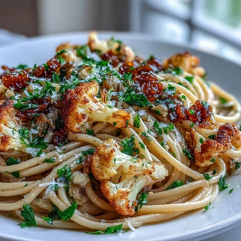 A close-up view of the colorful Cauliflower, Anchovy and Raisin Spaghetti, highlighting plump raisins and melting anchovies alongside whole wheat pasta strands.