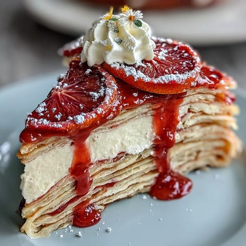 A single slice of Blood Orange Curd Crêpe Cake reveals distinct layers of creamy filling.