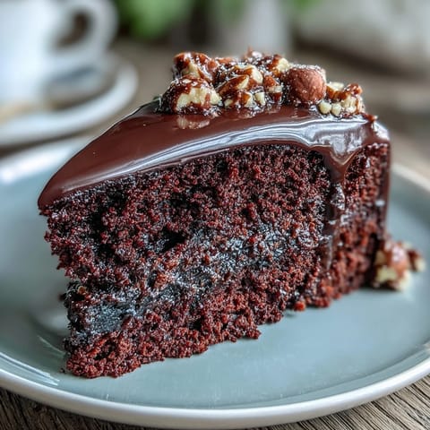 Decadent slice of Chocolate Celebration Cake revealing moist crumb and silky ganache layers.