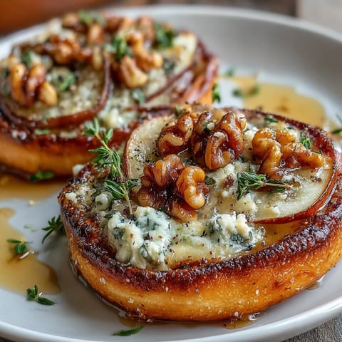 Fresh thyme and pickled walnuts top warm, crisp, bite-sized appetizers on a tray.