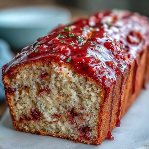A moist slice of Blood Orange Loaf Cake reveals ruby red zest and marzipan crumb alongside steaming Earl Grey tea.