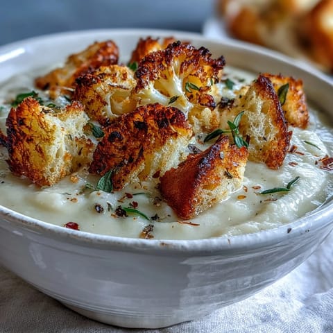 Close-up of velvety Cauliflower and Broccoli Soup, garnished with crunchy croutons and a swirl of milk.