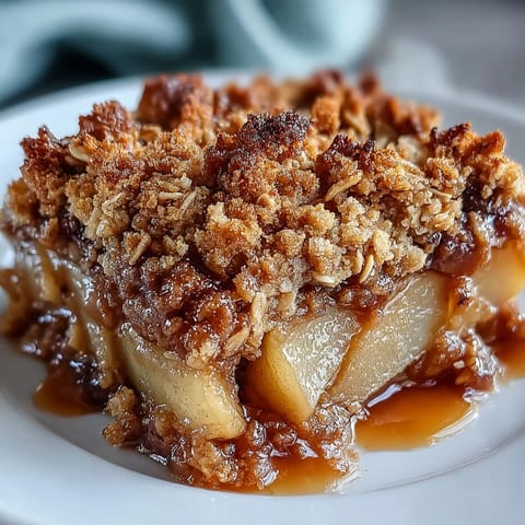 A scoop of vanilla ice cream slowly melting over warm, tender pears in the crumble.