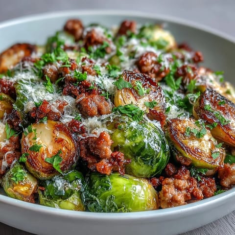 Golden-brown Brussels sprouts and savory ground turkey sizzle in a skillet with garlic, paprika, and fresh parsley.