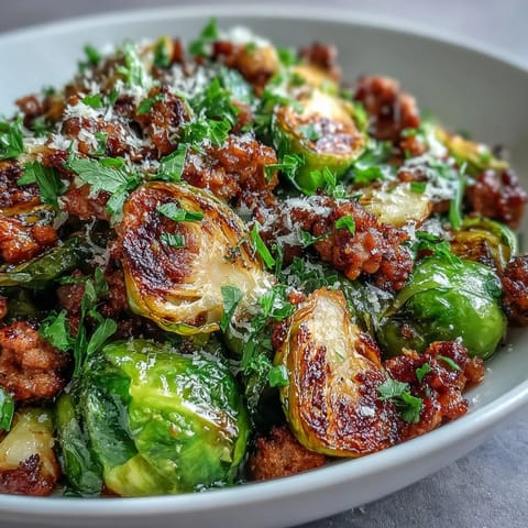 A close-up of Brussels Sprouts & Ground Turkey Skillet topped with Parmesan, ready to serve over fluffy rice.