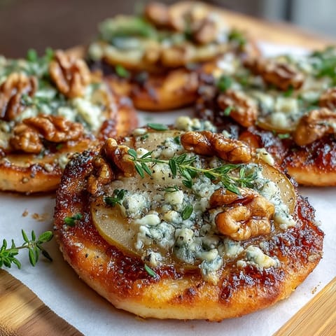 Golden-brown mini pizzettes with sliced pear and crumbled Gorgonzola cheese.