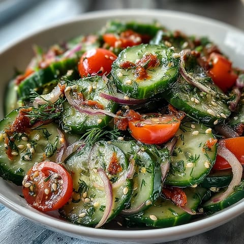 Bright, chilled Refreshing Crunchy Cucumber Salad with crisp English cucumbers, red onion ribbons, and fresh dill tossed in a tangy rice vinegar dressing, garnished with toasted sesame seeds for a nutty finish.