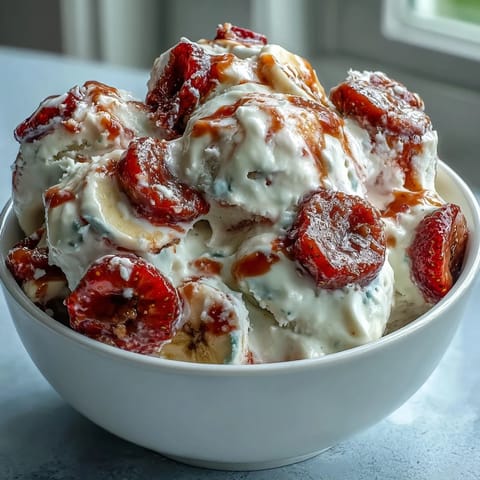 Greek yogurt clusters with honey, strawberry swirl, and banana chips on a baking sheet.