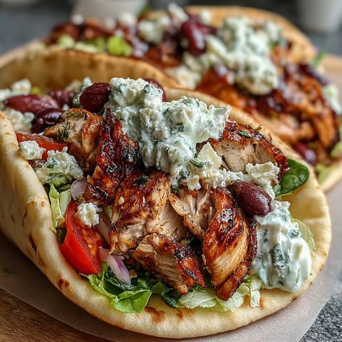 Freshly grilled Mediterranean Chicken Gyros stuffed with juicy meat, crisp veggies, and a dollop of cooling feta tzatziki sauce.