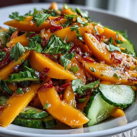 Fresh mango strips, crisp veggies and cilantro in a vibrant bowl of Refreshing Mango Salad with Lime Dressing.