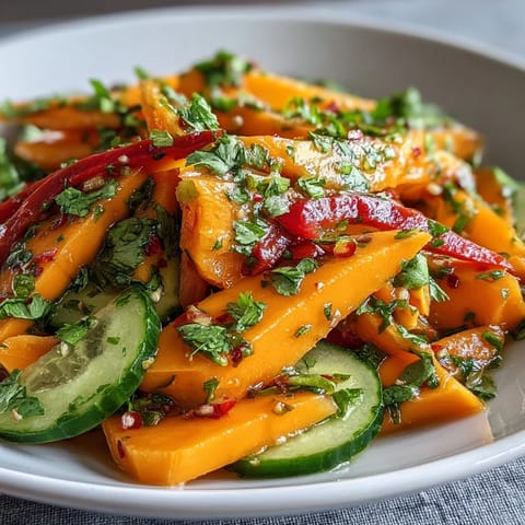 Bright slices of ripe mango and red bell pepper glistening with tangy lime-honey dressing in this Refreshing Mango Salad.