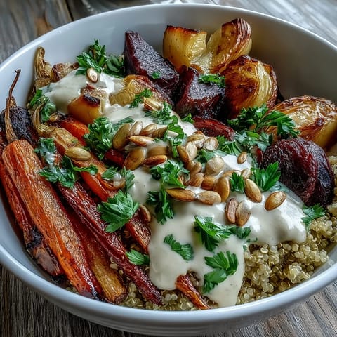 Roasted Root Vegetable Bowl with caramelized carrots, beets, and parsnips on quinoa with a creamy tahini drizzle.