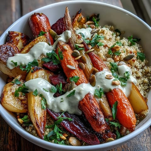 A warm bowl of Roasted Root Vegetable Bowl featuring tender turnips, fluffy grains, and fresh parsley garnish on a plate.