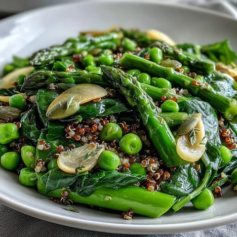 Overhead view of a vibrant Spring Green Bowl with quinoa, peas, asparagus, and spinach topped with seeds and feta.
