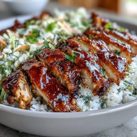 Sliced BBQ chicken, fluffy rice, and colorful roasted vegetables are layered in a bowl topped with creamy coleslaw.