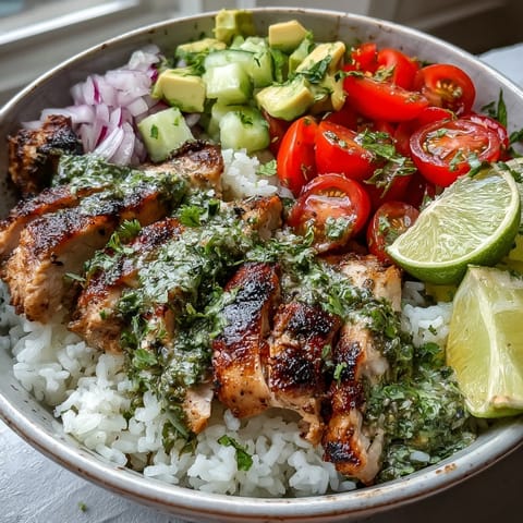 Colorful chimichurri chicken bowl features grilled meat over grains, topped with cucumber, red onion, and a zesty lime wedge.