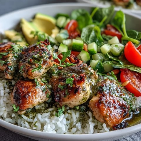 A close-up of a Pesto Chicken Bowl reveals golden chicken, pine nuts, and greens, ready for a nourishing lunch or weeknight dinner.