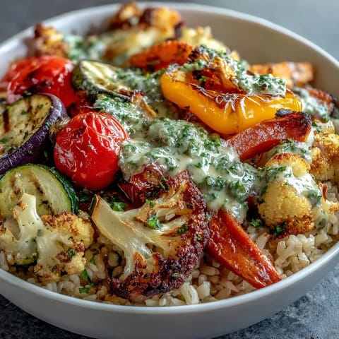 Flavorful Rainbow Roasted Vegetable Bowl with roasted bell peppers, broccoli, and purple cauliflower on fluffy brown rice, drizzled with herb sauce.