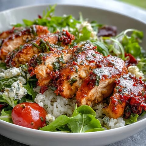 Juicy sliced chicken and crisp greens over rice in a Sun-Dried Tomato Chicken Bowl.