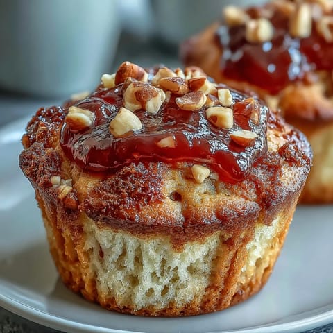 Freshly baked Peanut Butter and Guava Muffins rest on a wire rack, featuring golden tops and a sticky guava swirl, served against a cozy kitchen backdrop.