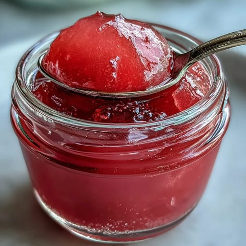 Homemade guava jelly in a glass jar, showing a vibrant pink, glossy texture perfect for spreading on toast or filling pastries.