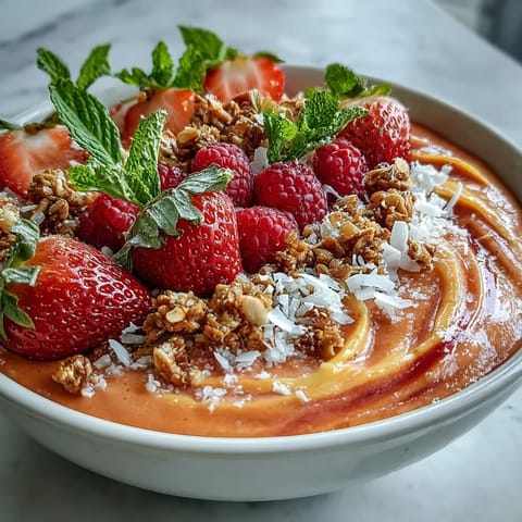 Bright and colorful guava and mango smoothie bowl topped with crunchy granola, coconut flakes, and fresh berries.