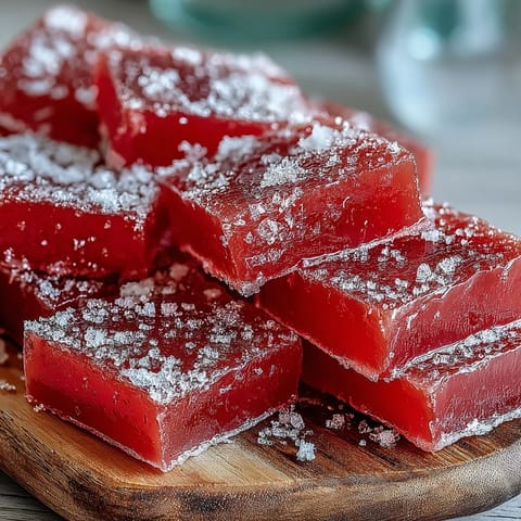 Homemade guava cheese fudge cut into neat squares, dusted with sugar, ready to serve.
