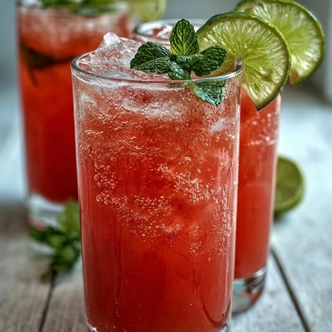 Two glasses of guava juice with sparkling water over ice, served with lime slices on a tropical table.