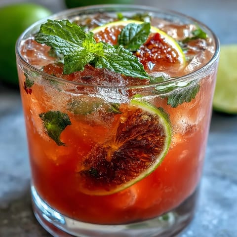 Chilled guava nectar drink in a frosty glass with mint garnish and lime wedge.