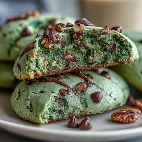 Festive green pistachio pudding cookies with chopped nuts and a soft, chewy texture perfect for St. Patrick's Day celebrations.