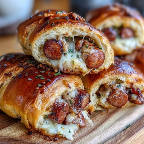 Golden crescent roll dough wraps around mini beef hot dogs, baked to crispy perfection and ready for dipping in tangy mustard.