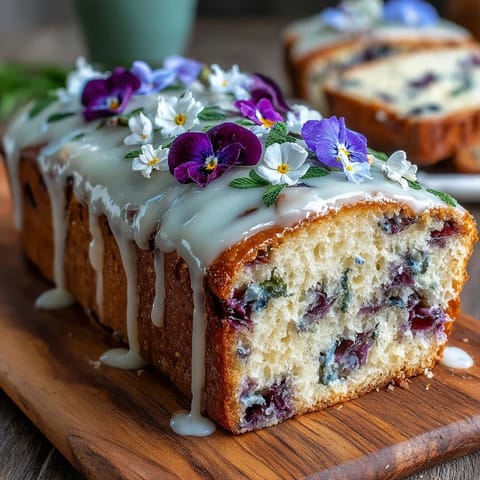 Spring cake with pressed edible flowers, featuring delicate floral accents and creamy vanilla layers.