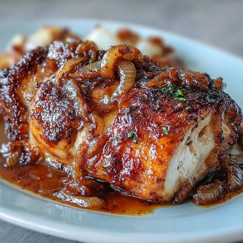 Golden chicken pieces smothered in savory onion gravy, a comforting Southern classic with tender meat and rich, buttery sauce.