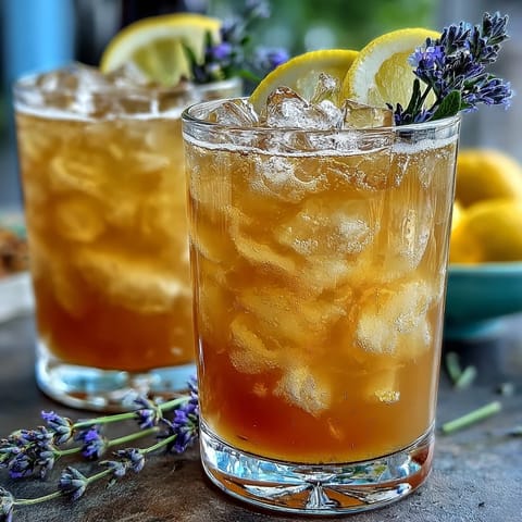 A vibrant lavender lemonade spritz with floral syrup and sparkling wine in a chilled glass.