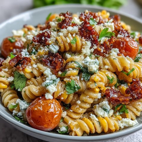 Vibrant Elote Pasta Salad with Cotija, chili, and lime, featuring charred corn and fresh cilantro in a creamy dressing.  