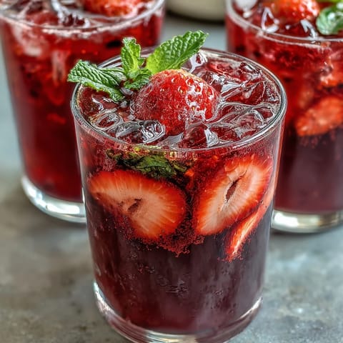 A vibrant glass of Homemade Starbucks Strawberry Açaí Refresher with fresh strawberry slices and açaí swirls.