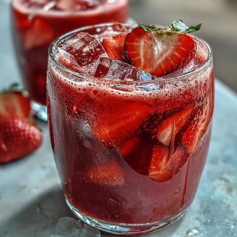 Refreshing pink drink with strawberry açaí and coconut milk, topped with fresh strawberry slices for a fruity, creamy treat.
